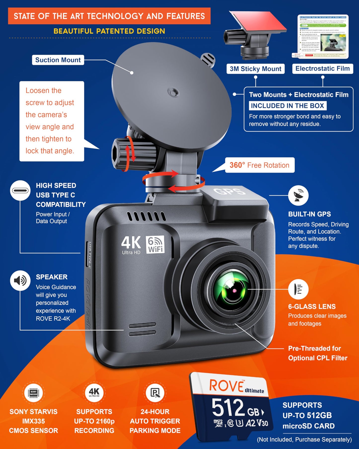 ROVE R2-4K Dash Cam with WiFi, GPS, Night Vision, 150° Angle
