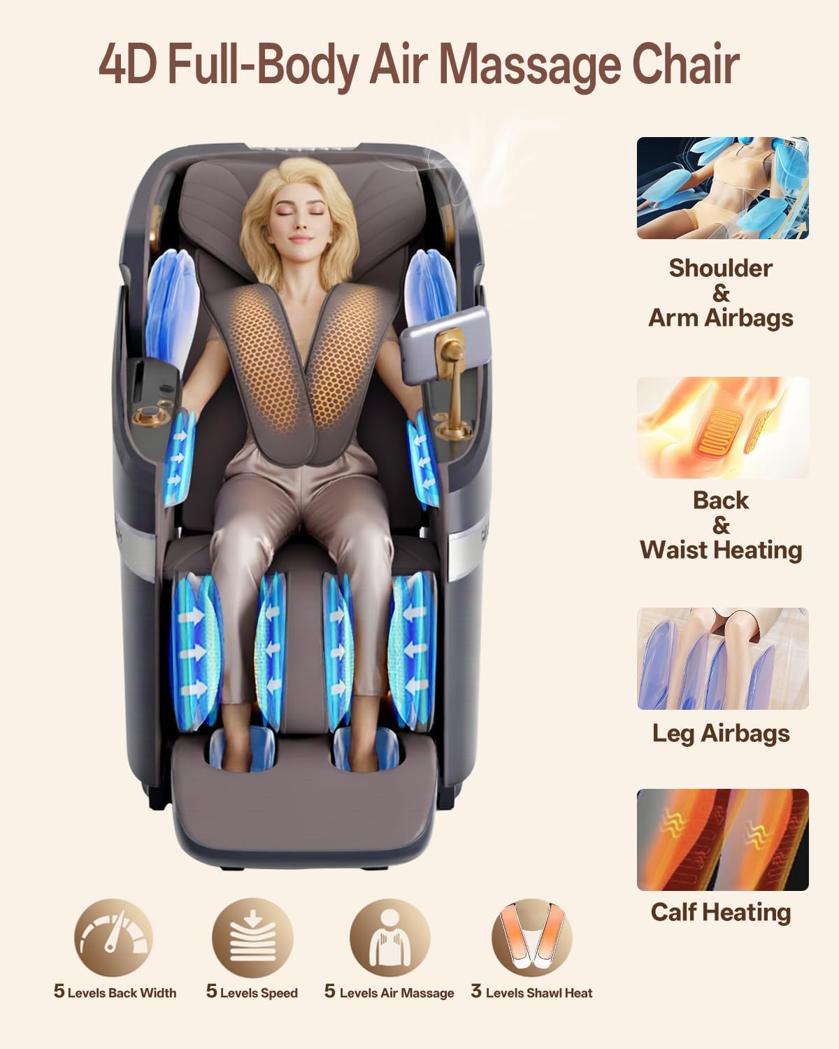 RELX 4D Massage Chair Full Body, 23 Modes Zero Gravity SL-Track Shiatsu Massage Chair with Electric Extendable Footrest, Airbag Massage with Body Scan, Shawl, Deep Yoga Stretch and AI Control(Brown)