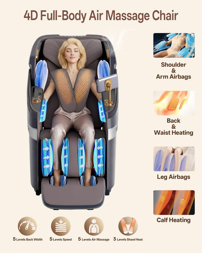 RELX 4D Massage Chair Full Body, 23 Modes Zero Gravity SL-Track Shiatsu Massage Chair with Electric Extendable Footrest, Airbag Massage with Body Scan, Shawl, Deep Yoga Stretch and AI Control(Brown)