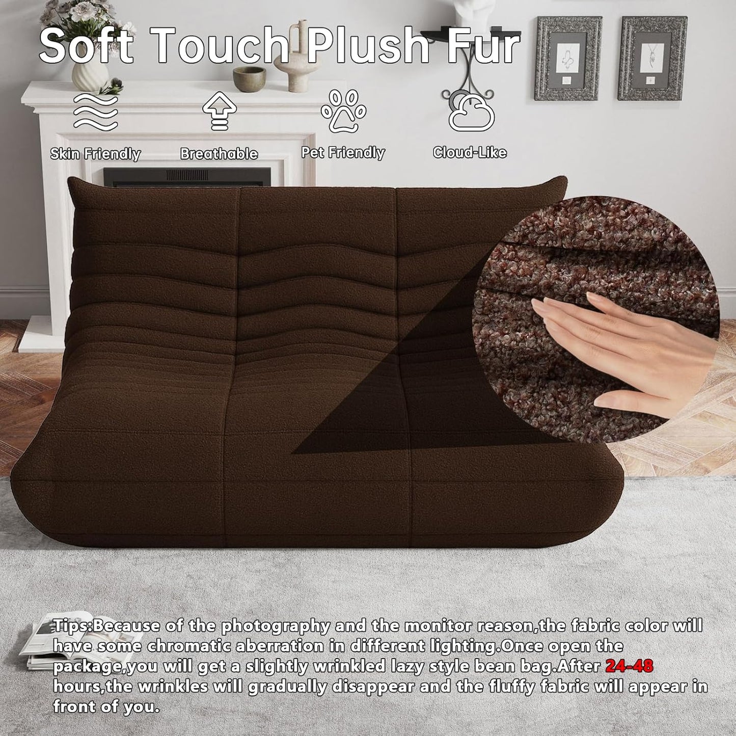 WHGBJA Bean Bag Chairs for Adults, BeanBag Reading Chair Memory Foam Couch 3-Seater, Floor Chair Soft Teddy Material, Comfy Reading Nook Chairs for Bedroom Living Room Office (Brown)