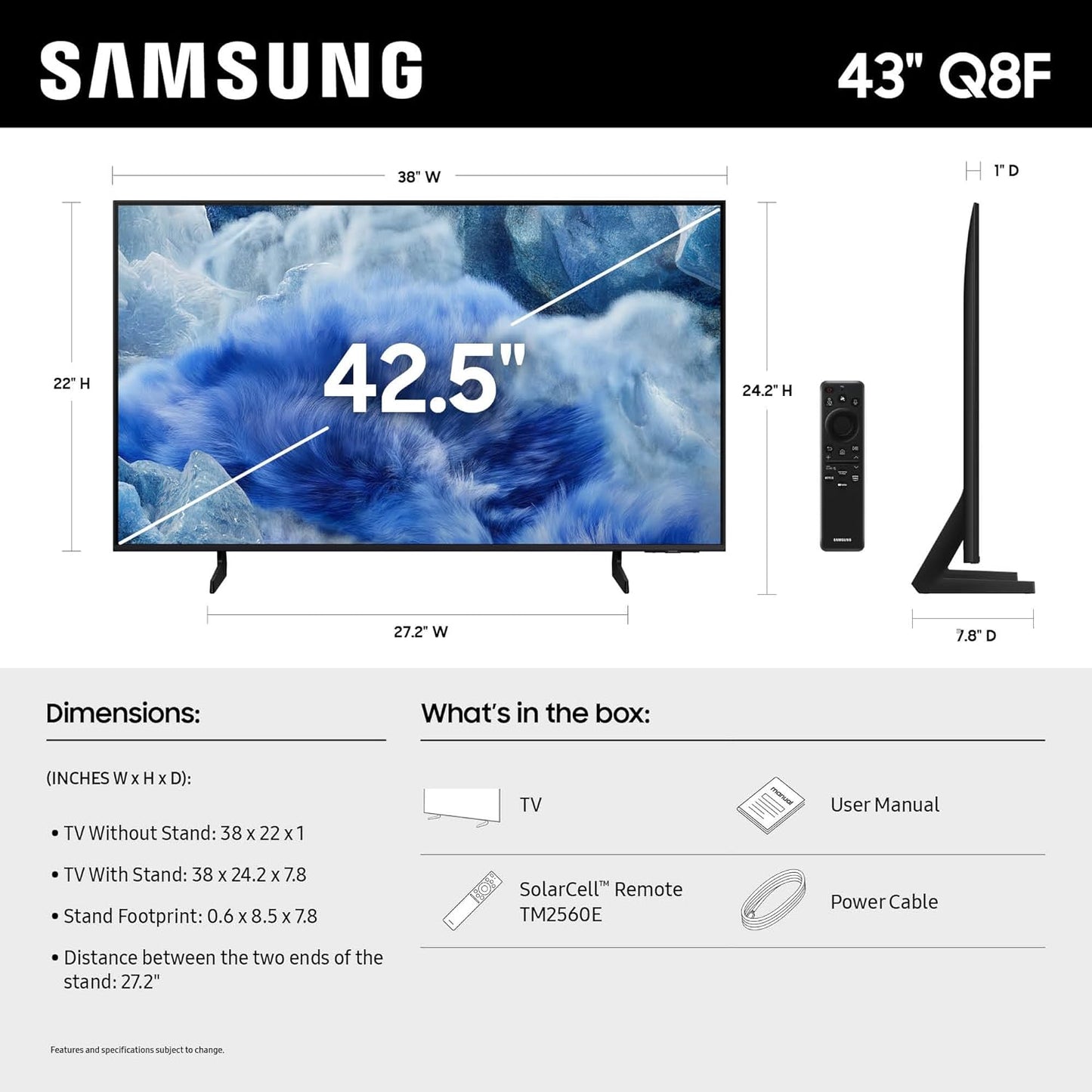 Samsung 43-Inch Class QLED Q8F 4K UHD Smart TV (2025 Model) Q4 AI Processor, 100% Color Volume with Quantum Dot, AirSlim Design, Endless Free Content, Samsung Vision AI, Alexa Built-in