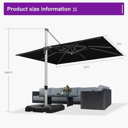 PURPLE LEAF 9' X 12' Patio Umbrella with Lights Outdoor Rectangle Cantilever Umbrella Solar Powered LED with 360-degree Rotation for Garden Deck Pool Patio, Black