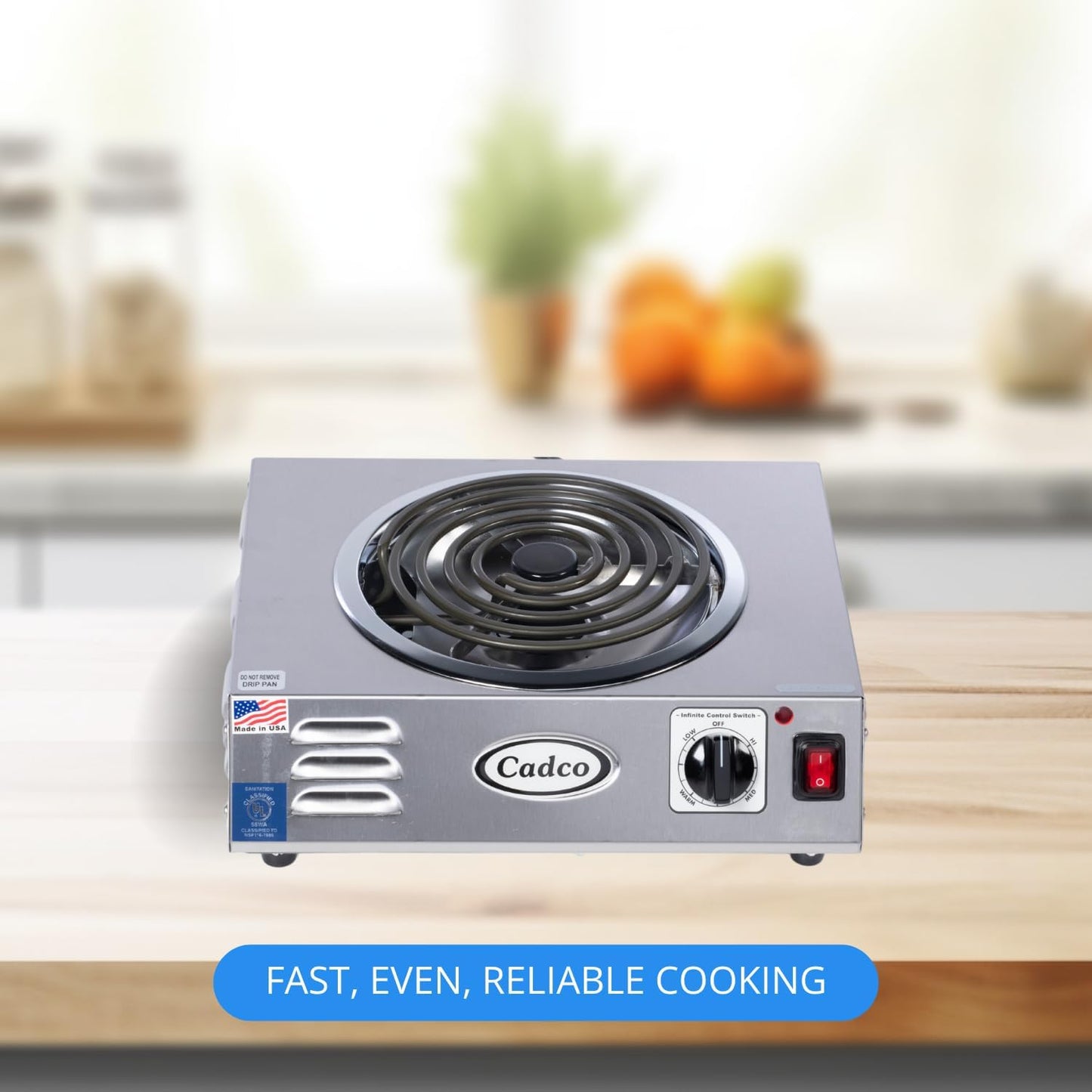 Cadco CSR-3T 14" Electric Portable Countertop Hi-Power Hot Plate w/One Tubular Burner for Restaurant Hotel Food Truck Concession Kiosk, Stainless Steel, 120v