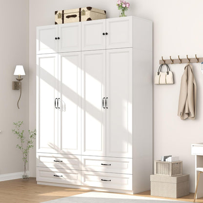 White Armoire Wardrobe Closet with Drawers: Bedroom Armoires with Hanging Rod, Wooden Closet Cabinet for Hanging Clothes, Tall Wardrobes Closets with Doors and Shelves (63")