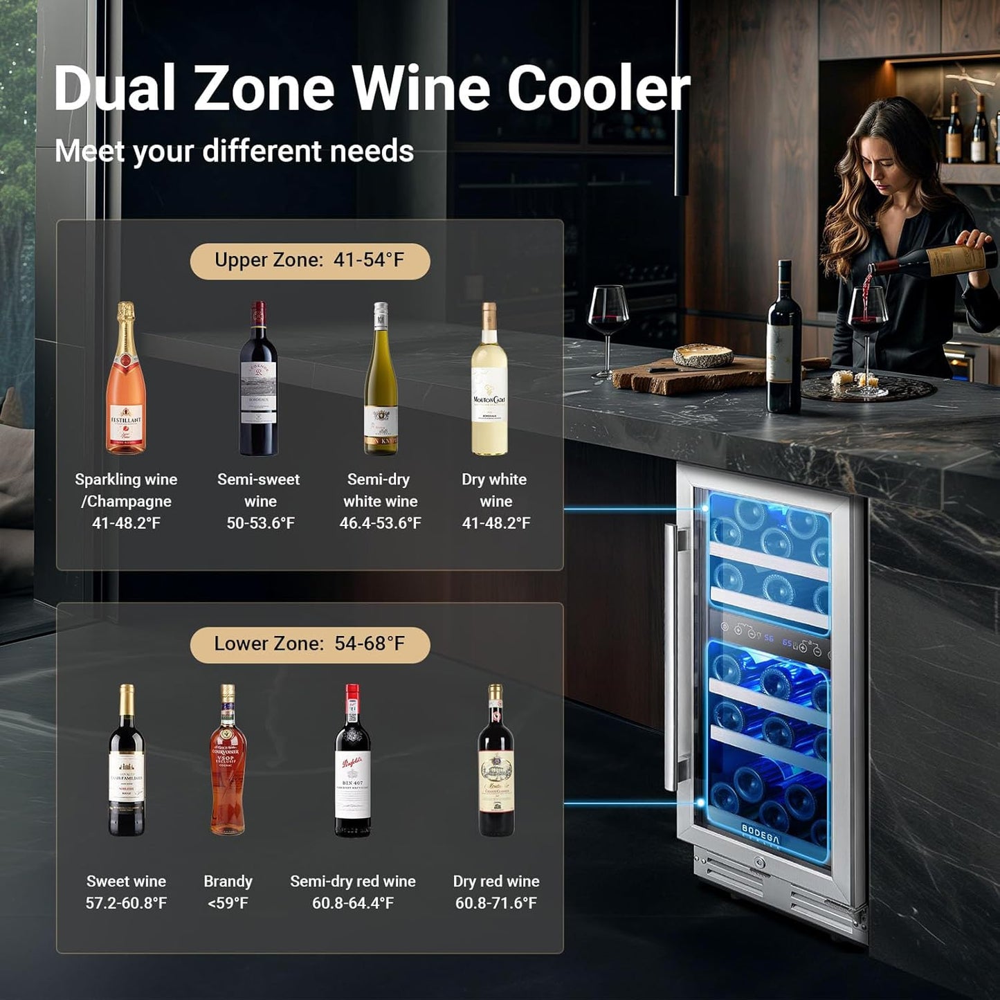 BODEGA 15” Wine Cooler, 30 Bottle Dual Zone Wine Fridge With Double-Layer Glass Door, Freestanding or Built-In Wine Fridge with Blue LED Light & Stainless Steel Handle, for Home, Kitchen,Bar, Black.