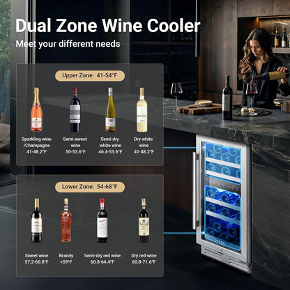 BODEGA 15” Wine Cooler, 30 Bottle Dual Zone Wine Fridge With Double-Layer Glass Door, Freestanding or Built-In Wine Fridge with Blue LED Light & Stainless Steel Handle, for Home, Kitchen,Bar, Black.