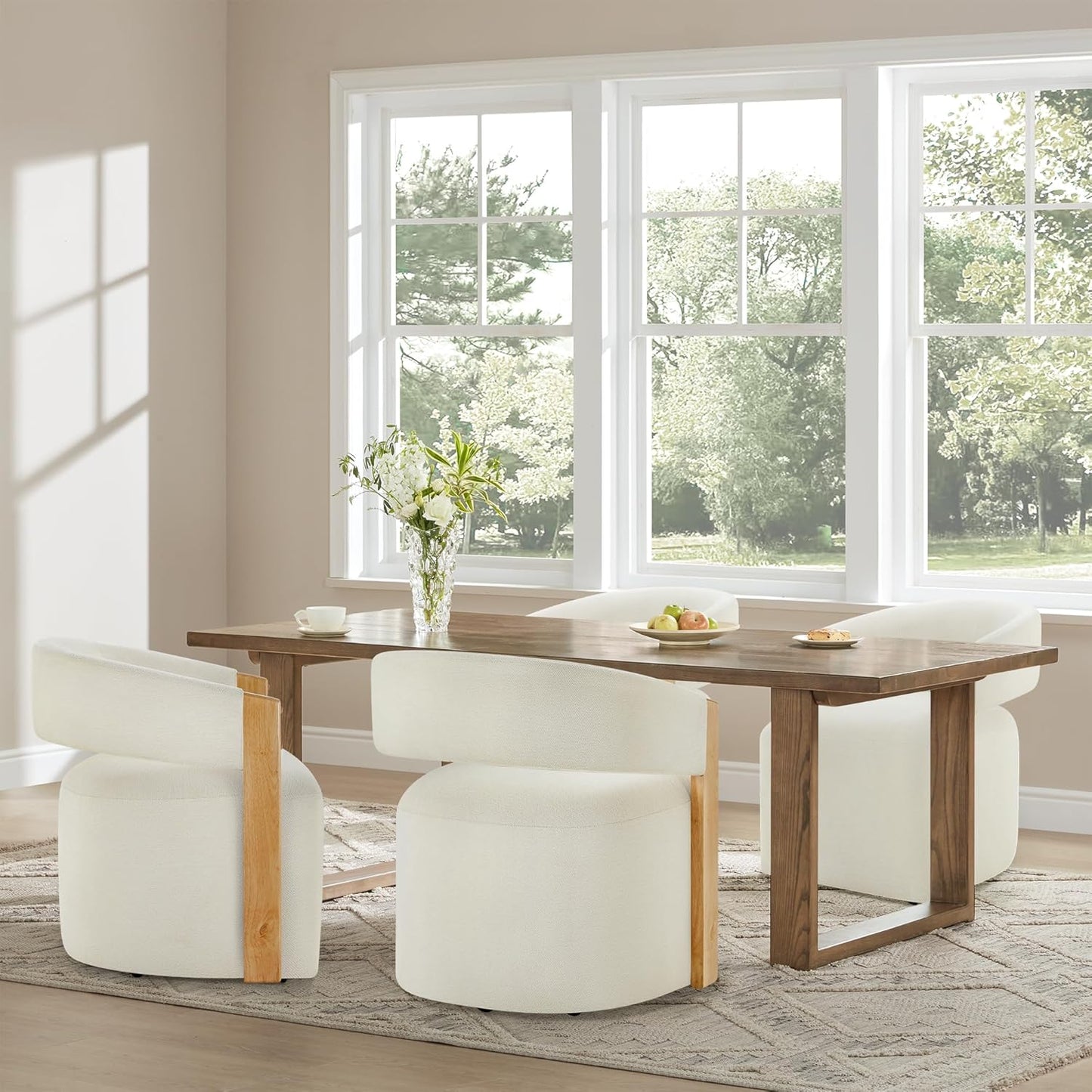 KISLOT Upholstered Dining Chairs with Casters, Modern Barrel Side Armchair with Rollers & Wooden Armrest for Dining Room, Bedroom, Kitchen, Reading Room, Beige, Set of 4