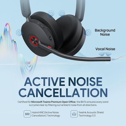 Yealink BH74 ANC Bluetooth Headset with Microphone for Hybrid Work, Microsoft Teams Premium Open Ofﬁce Certified Headsets with 6-mics Active Noise Cancellation, Zoom Certified, 65H, Charging Stand