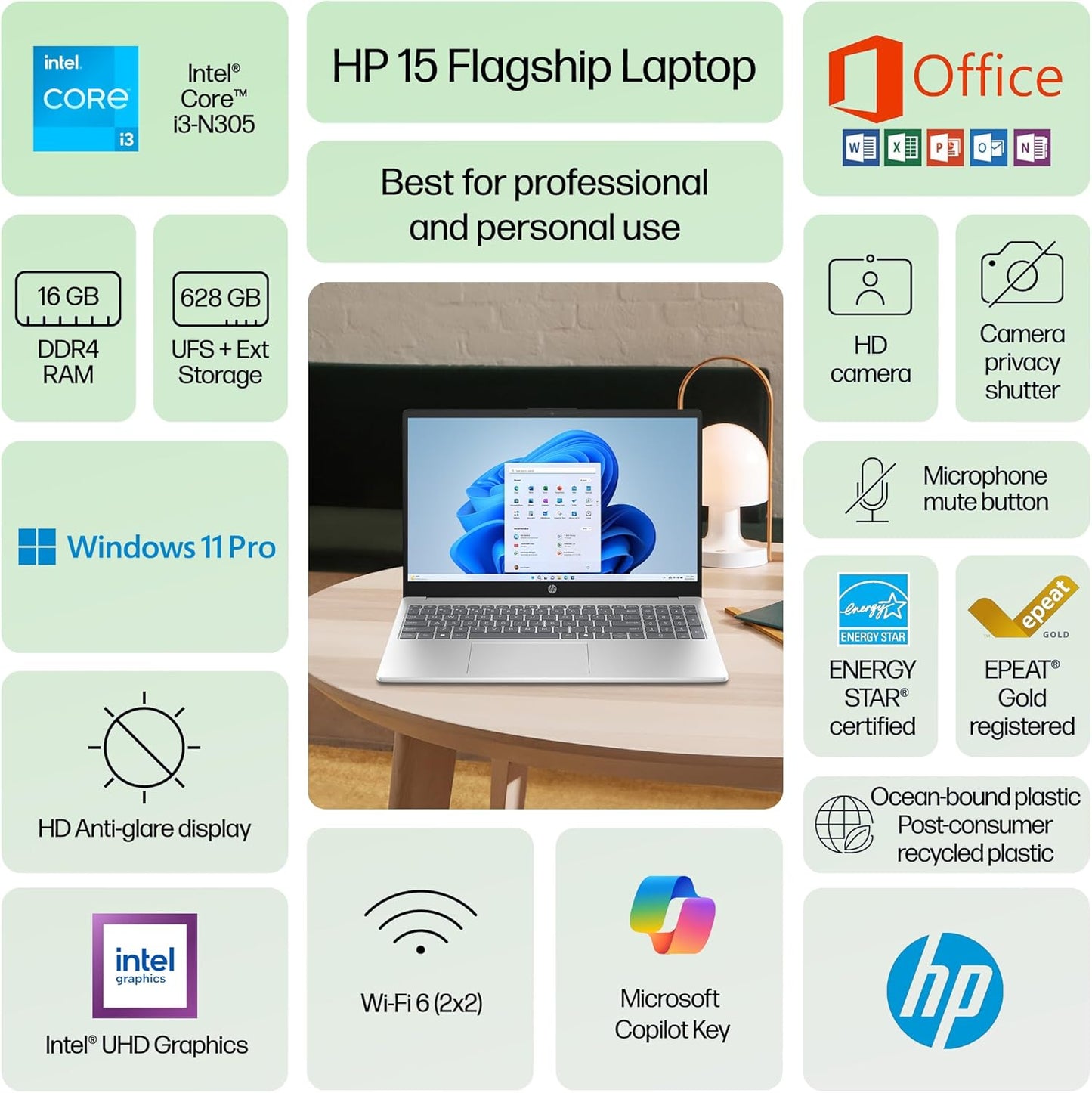 HP Laptop 2025 Flagship Business Ultra Slim, Lifetime Office, AI-Powered,15.6" HD, 8-Core Intel i3, 16GB RAM, 628GB Storage (128GB UFS+500GB Ext), Wi-Fi 6, Copilot Key, HubxcelAccessory, Win 11 Pro