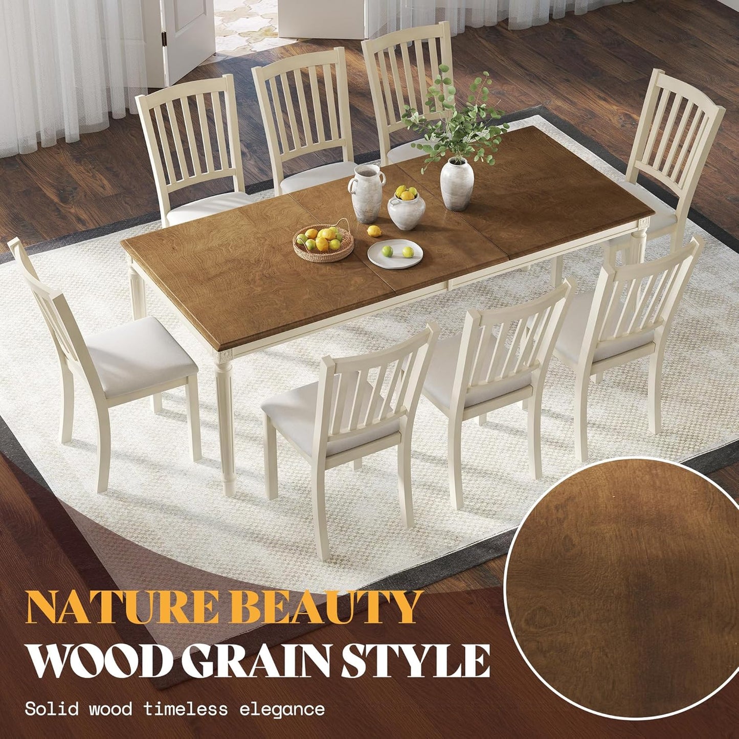 AMERLIFE 9-Piece Farmhouse Solid Wood Dining Table Set with 8 Upholstered Chairs, Roman Conical Legs, Seats up to 8, 79'' Dining Table & Chairs Set for Kitchen and Dining Room, Rustic Cream