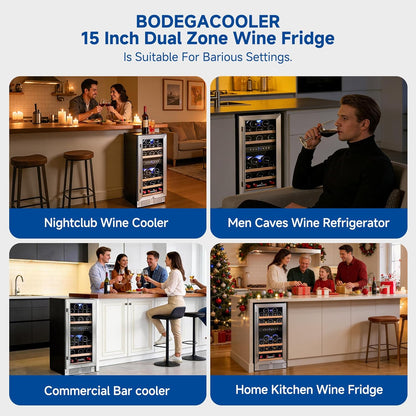BODEGA COOLER 15 Inch Wine Fridge - 30 Bottles Dual Zone Wine Cooler, 41°F -72°F Wine Beverage Cooler Built-in or Freestanding, Adjustable Shelves & Bule LED Light, Perfect for Home/Kitchen(3.2 cu.ft)