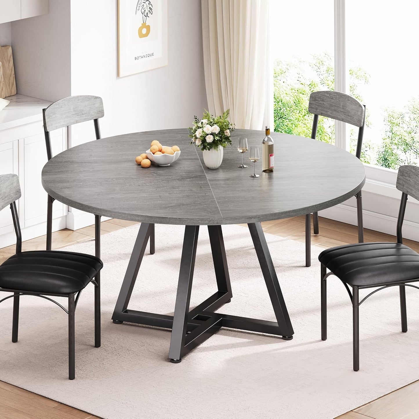 Jocoevol 51“ Round Kitchen Dining Room Table for 6-8, Circle Dining Dinner Table with Pedestal Metal Frame, Space Saving Wood Industrial Furniture for Small Space (Grey, 51In)