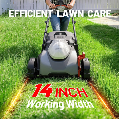 Litheli 14 Inch Cordless Lawn Mower, Brushless Battery Powered Push Mower with 5.0Ah Battery, 5-Position Height, 8-Gallon Bag, Lightweight Grass Cutter for Small to Mid-Sized Yards