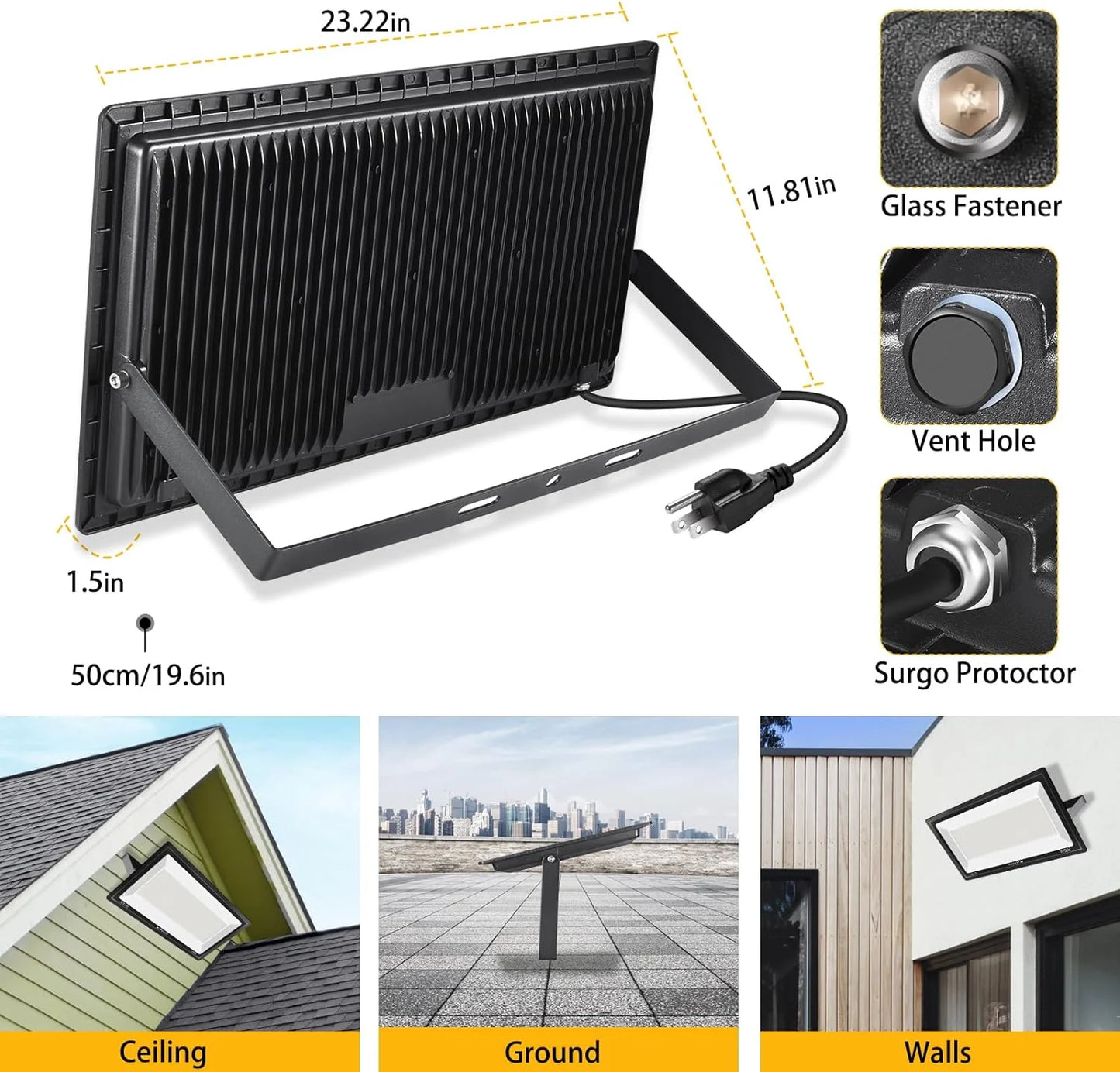 3 Pack 200W LED Flood Light,Super Bright Exterior Security Lights With Plug,IP66 Waterproof Outdoor Flood Light, 22800lm 5000K Daylight White Floodlight for Yard, Garden,Basketball Court, Arena