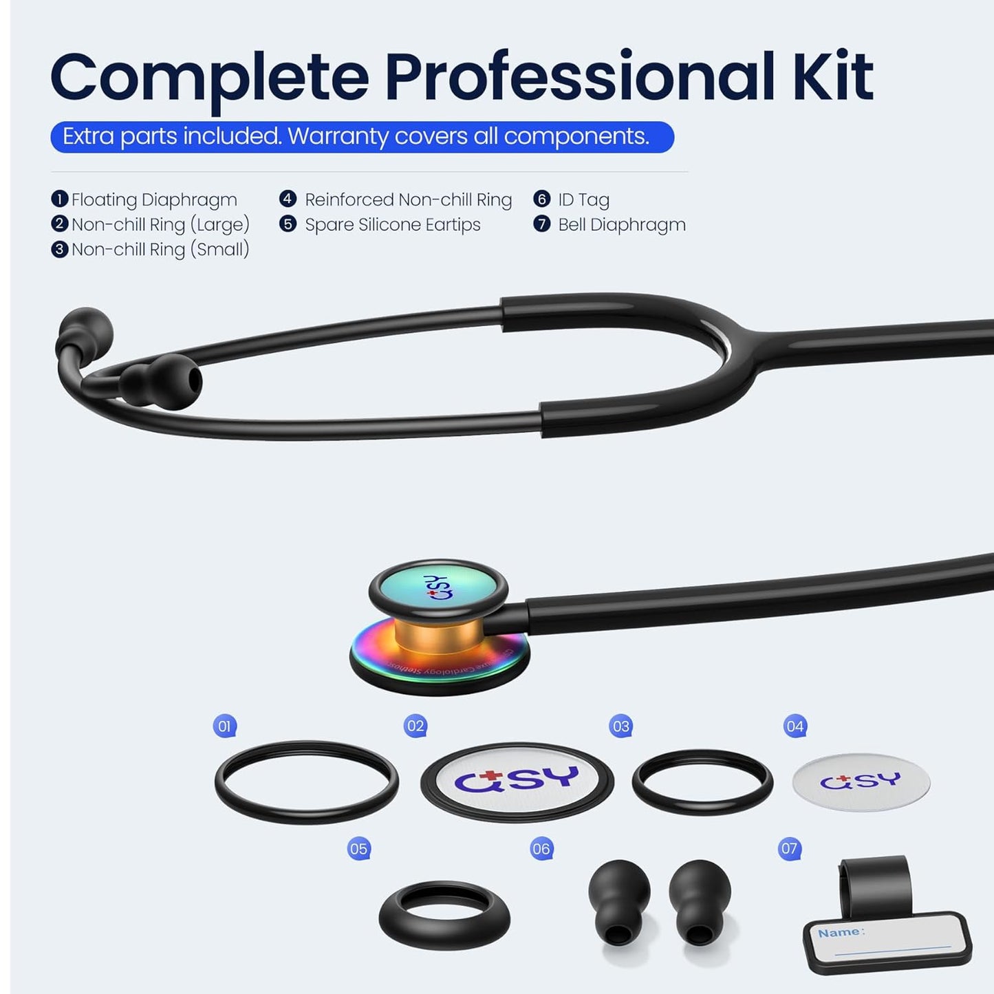 Stainless Steel Stethoscope, Dual-Frequency Diaphragm, Bell & Diaphragm & Pediatric Diaphragm, Noise-Reducing Silicone Ear Tips, Ideal for Doctors, Nurses, Students Use