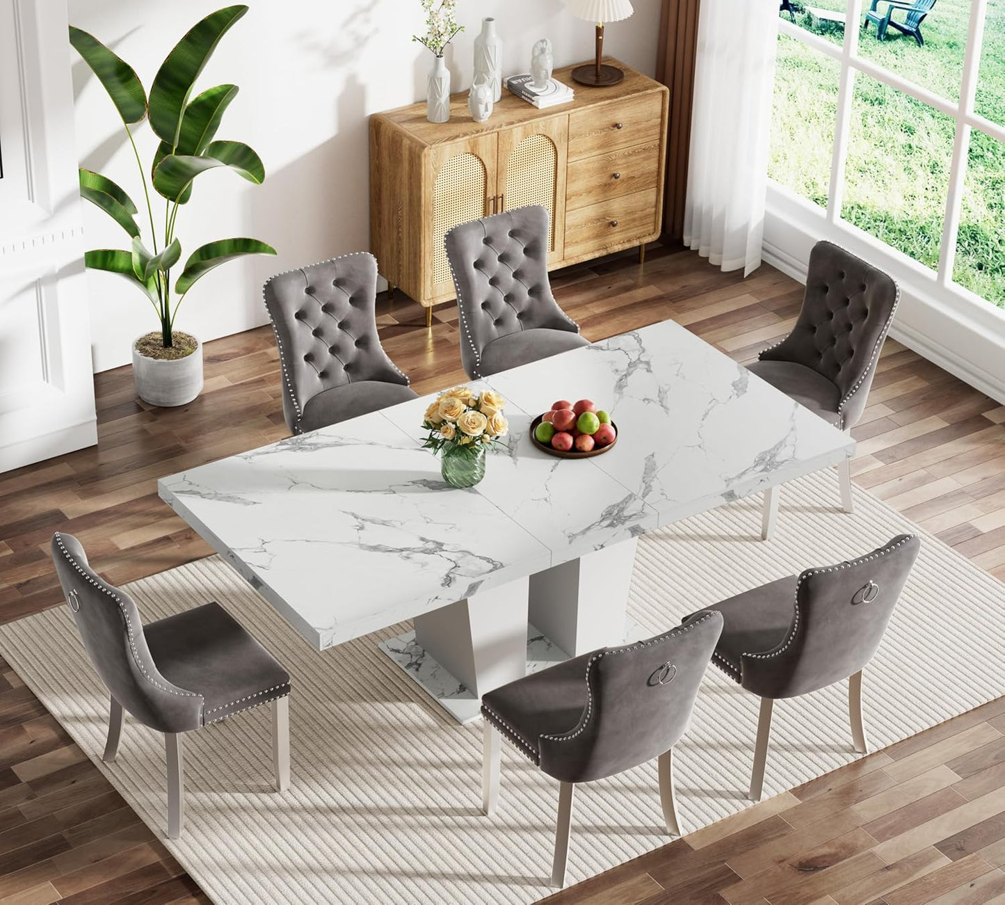 Henf 7 Pieces Faux Marble Dining Table Set for 6, 63"-79" Extendable Dining Room Table and 6 Grey Tufted Chairs Set for 6, Modern Large Expandable Kitchen Table with White Double Columns Base