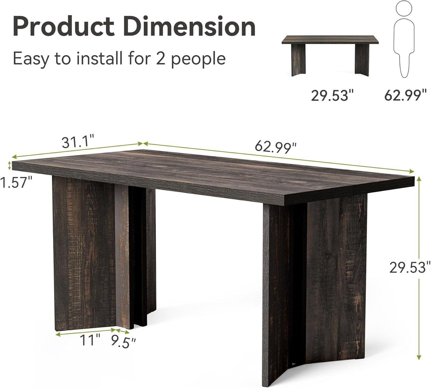 LITTLE TREE Wooden Dining Table Set for 6, 63-Inch Rectangle Kitchen Table, Modern Dinner Table for Home Dining Room, Kitchen Room,Dark Grey