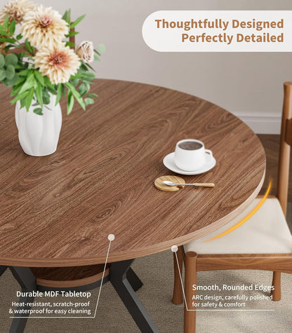 42" Round Dining Table for 4, Farmhouse Kitchen Table with Storage, Space Saving Circle Dinner Table, Rustic Wood Kitchen & Dining Room Tables with Metal Legs for Kitchen, Living Room, Dining Room