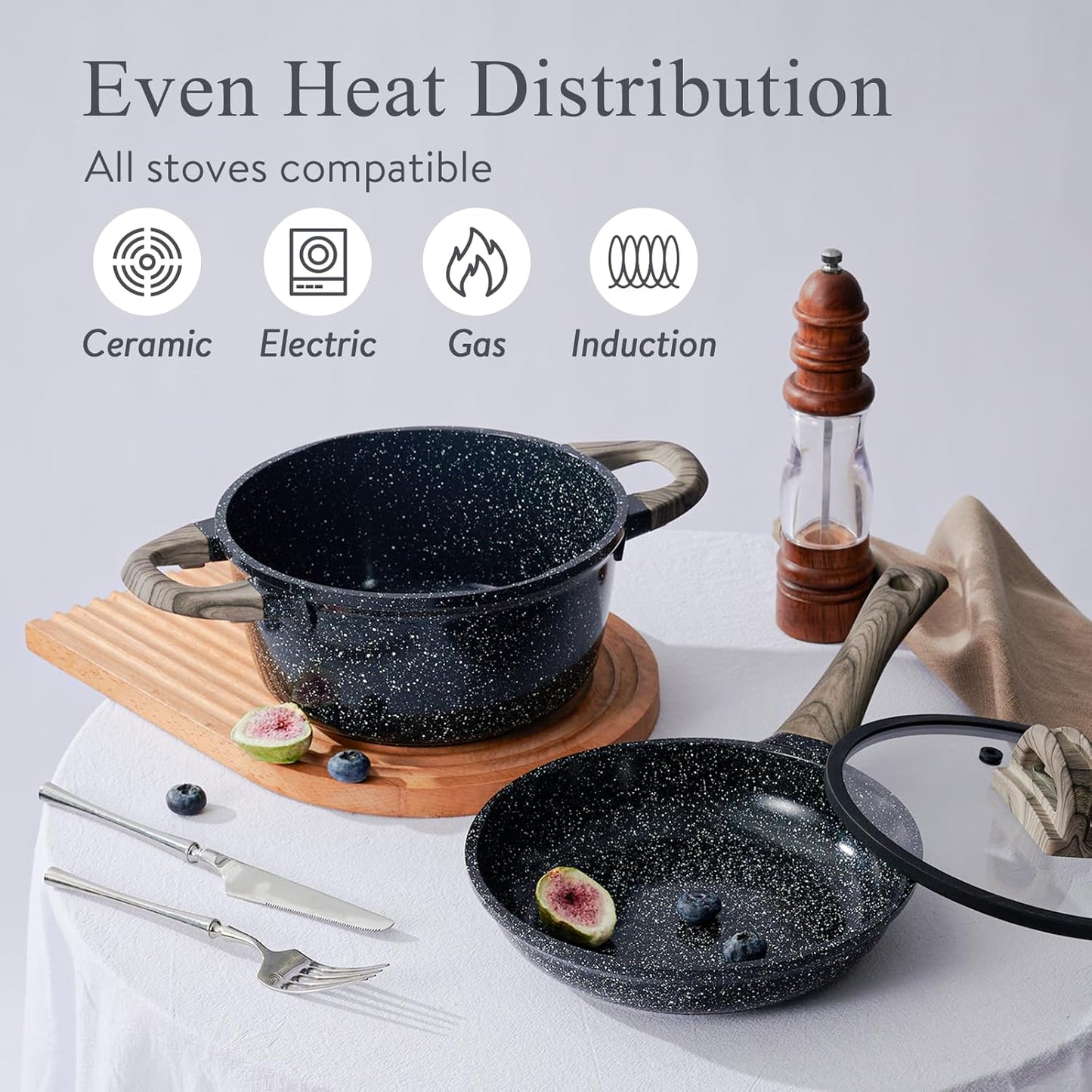Ceramic Cookware Set 22 Piece Nonstick Pots and Pans Set Non Stick Kitchen Cooking Sets 8"Frying Pans with Lid,Black Granite Non-Toxic Induction Kitchen Cookware w/Glass Lids PFOS/PFOA-Free
