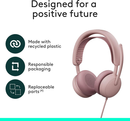 Logitech Zone Wired 2 - Noise-Canceling Headset with Adaptive Hybrid ANC, USB-C with USB-A Adapter - Rose
