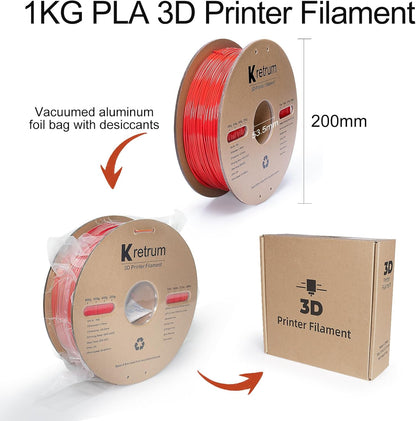Kretrum PLA Filament 1.75 mm 3D Printer Filament Dimensional Accuracy +/- 0.02 mm 1 KG 2.2 lbs Cardboard Spool 3D Printing Filament Fits for Most FDM 3D Printers Red