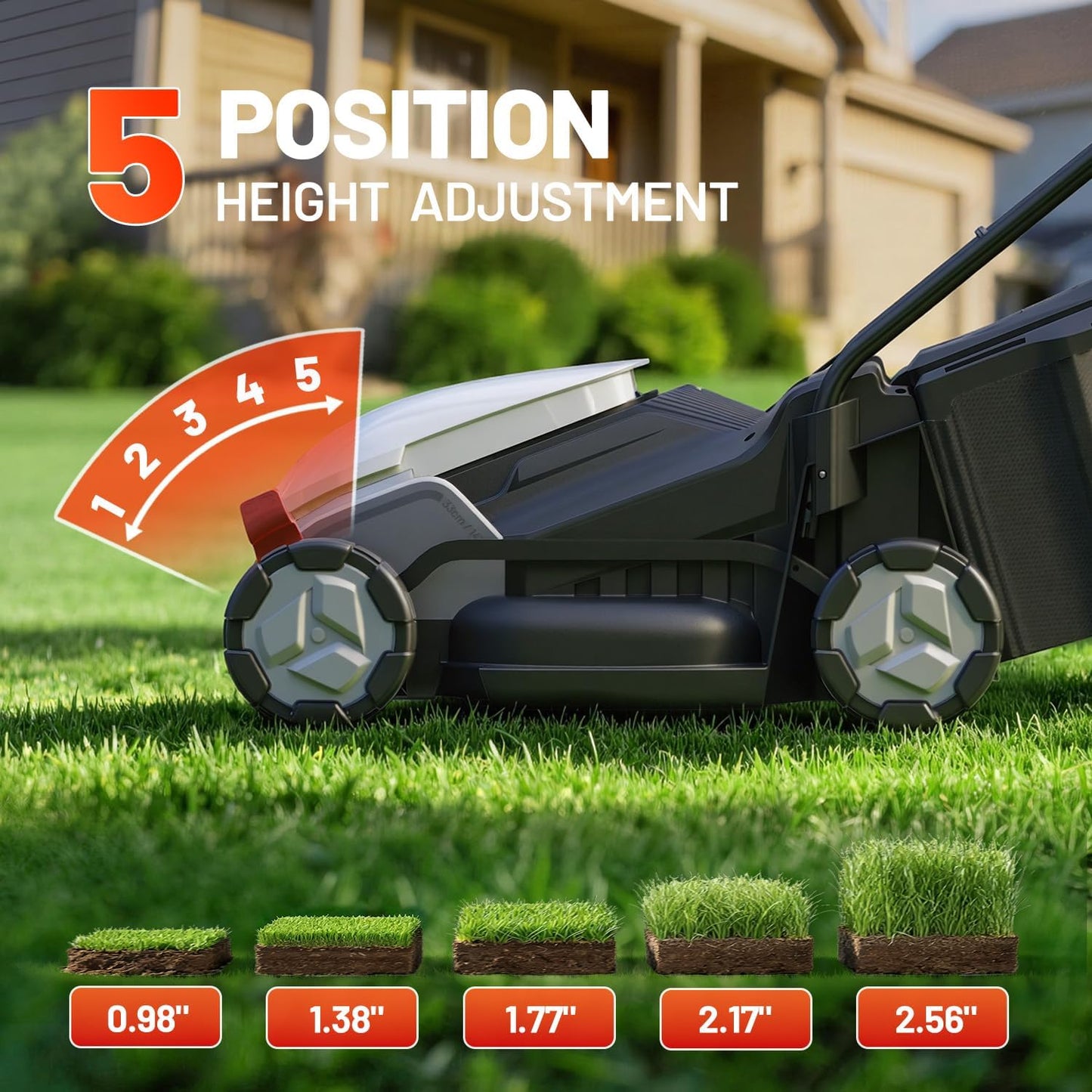 Litheli 14 Inch Cordless Lawn Mower, Brushless Battery Powered Push Mower with 5.0Ah Battery, 5-Position Height, 8-Gallon Bag, Lightweight Grass Cutter for Small to Mid-Sized Yards