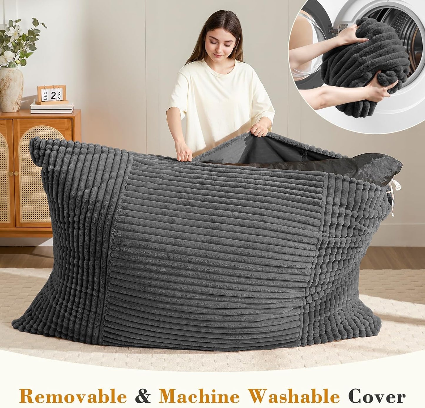 3-in-1 Giant Bean Bag Chair for Adults & Kids, Convertible Floor Sofa to Mattress, Memory Foam Beanbag Chair with Washable Cover, Multi Functional Lounge Couch for Bedroom, Living Room (Dark Grey)