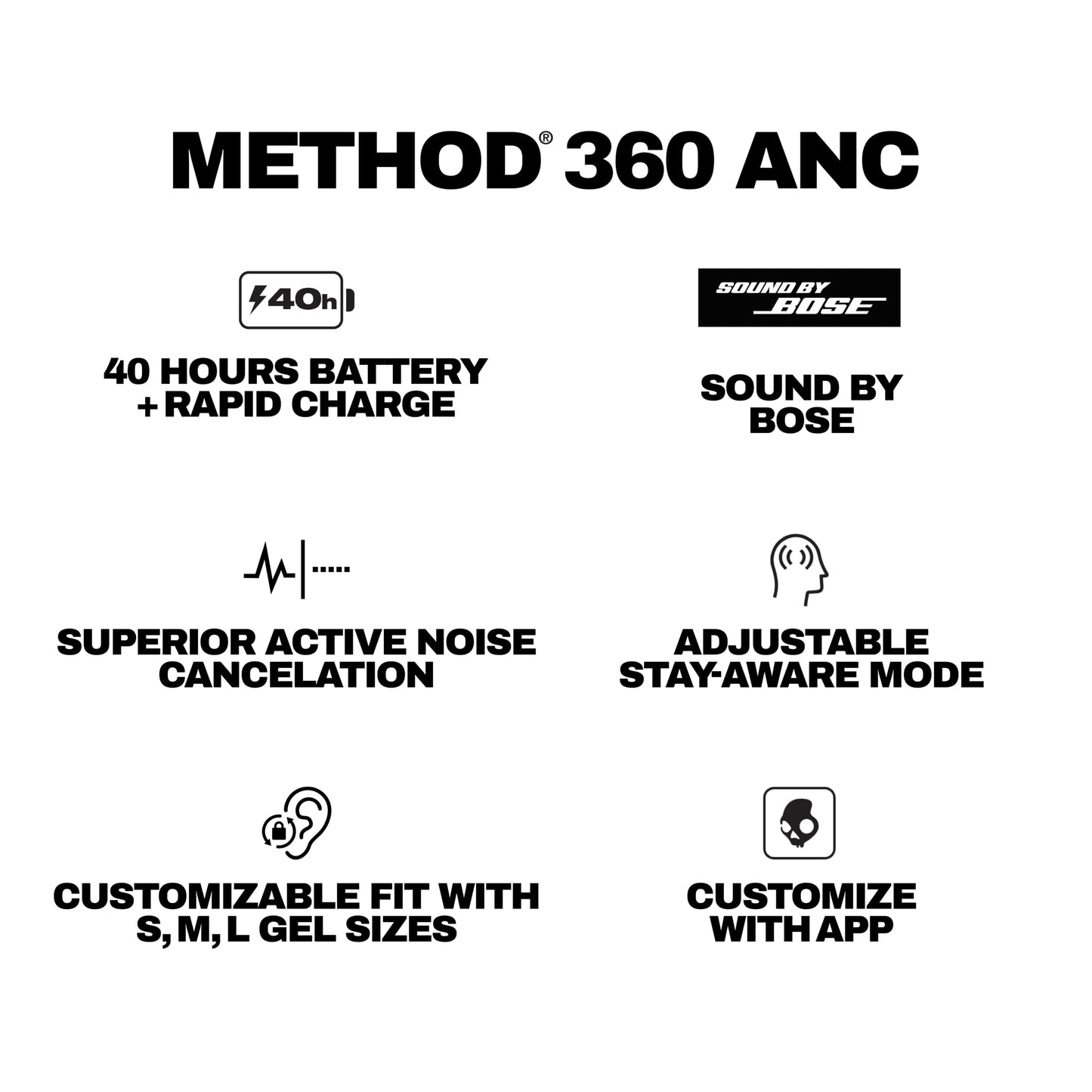 SKULLCANDY Method 360 ANC Wireless Earbuds - Noise Cancelling, Bluetooth
