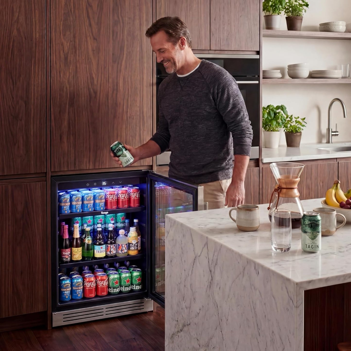 Yeego Beverage Refrigerator & Drink Fridge - 24 inch 180 Cans Beer Cooler Glass Door, 34-54℉ Under Counter Refrigerator Built-in for Drink Soda Wine for Bar Office Bedroom