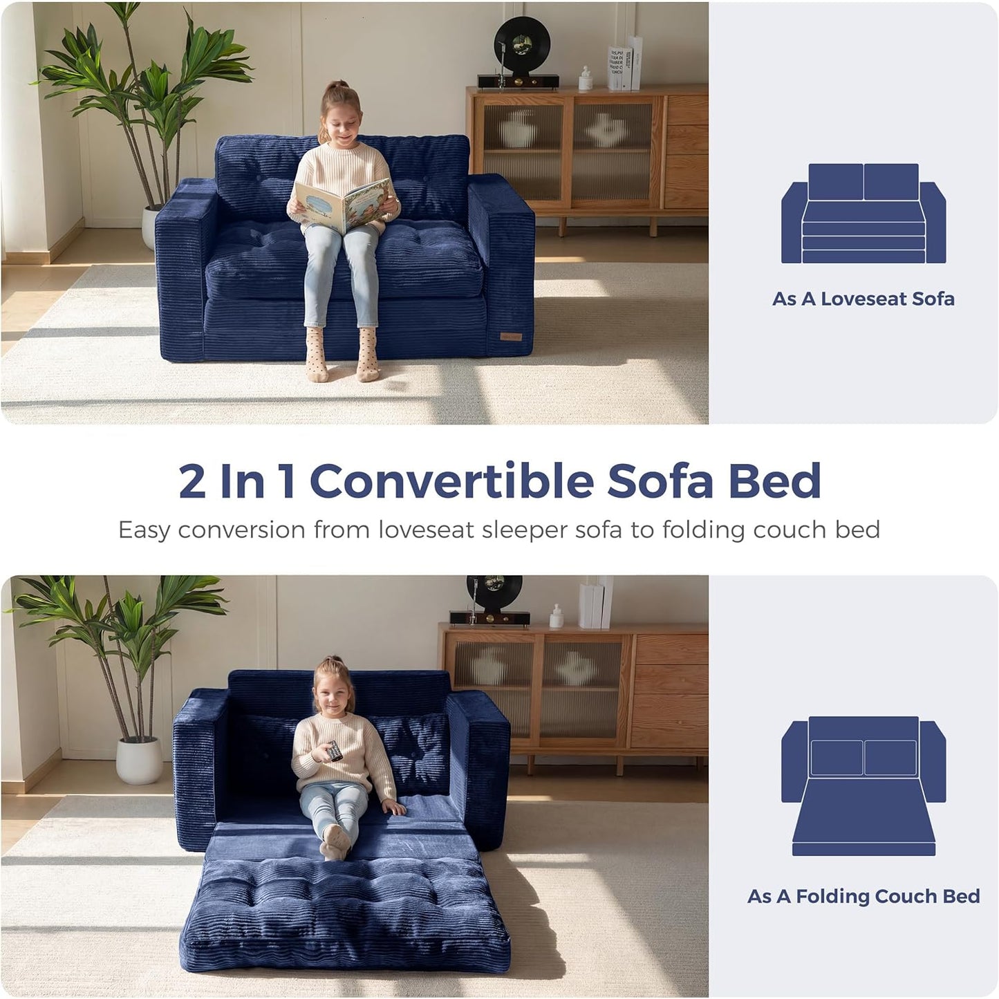 MAXYOYO Convertible Sofa Bed, Pull Out Loveseat Sleeper Sofa, Folding Couch Bed with Pillows for Living Room, Navy
