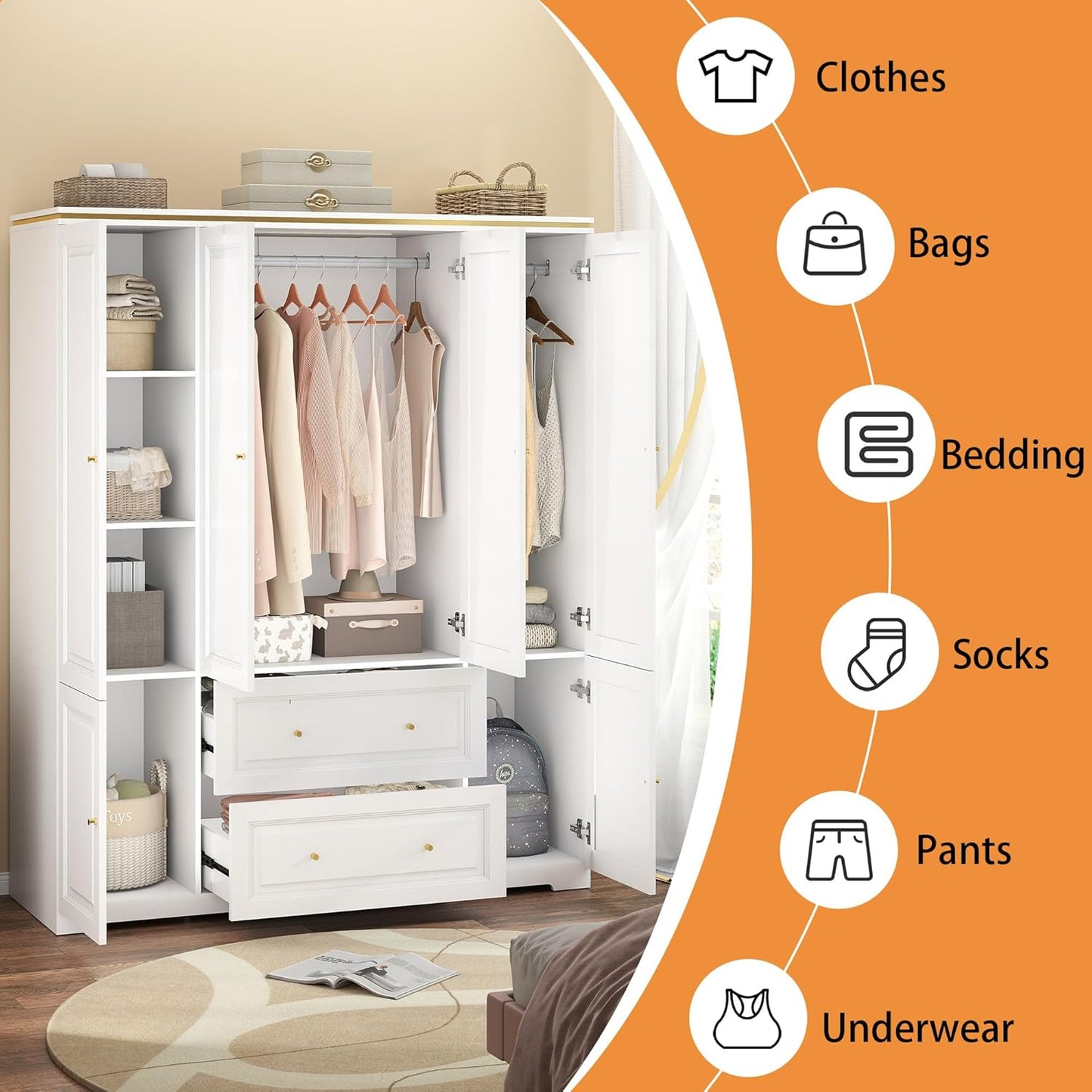 Armoire Wardrobe Closet with Drawers: Large White Wardrobe Closet with 4 Doors and 2 Drawers, Wooden Bedroom Armoires Storage Cabinet with Hanging Rod and Shelves (59")