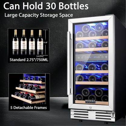 BODEGA 15” Wine Cooler, 30 Bottle Dual Zone Wine Fridge With Double-Layer Glass Door, Freestanding or Built-In Wine Fridge with Blue LED Light & Stainless Steel Handle, for Home, Kitchen,Bar, Black.