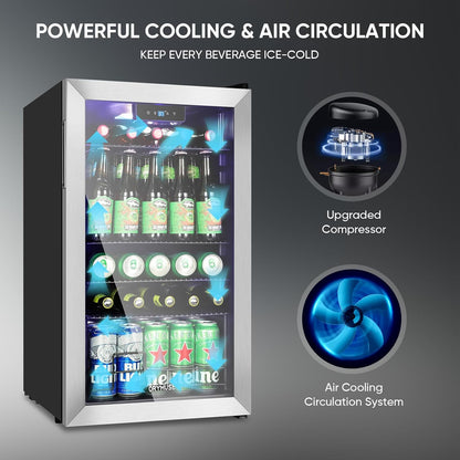 ORYMUSE 3.2 Cu.Ft Beverage Refrigerator, 130 Can Mini Fridge with Glass Door & Digital Temperature Control, Compressor Cooling Freestanding Cooler for Soda, Beer, Wine, Home, Office & Bar - Silver