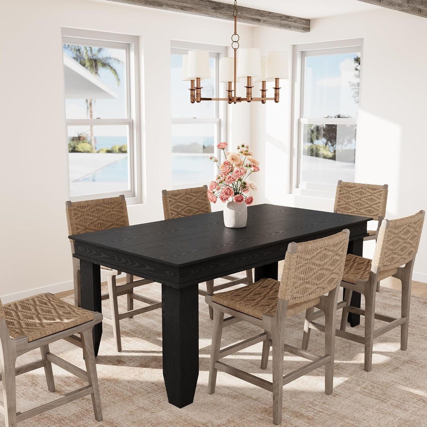 GarveeHome Farmhouse Dining Table for 6-8 People, 71 in Long Kitchen Tables with Wooden Sturdy Frame, 6 ft Large Rectangular Dinner Table for Dining Room, Kitchen, Black, 63" Non-extendable