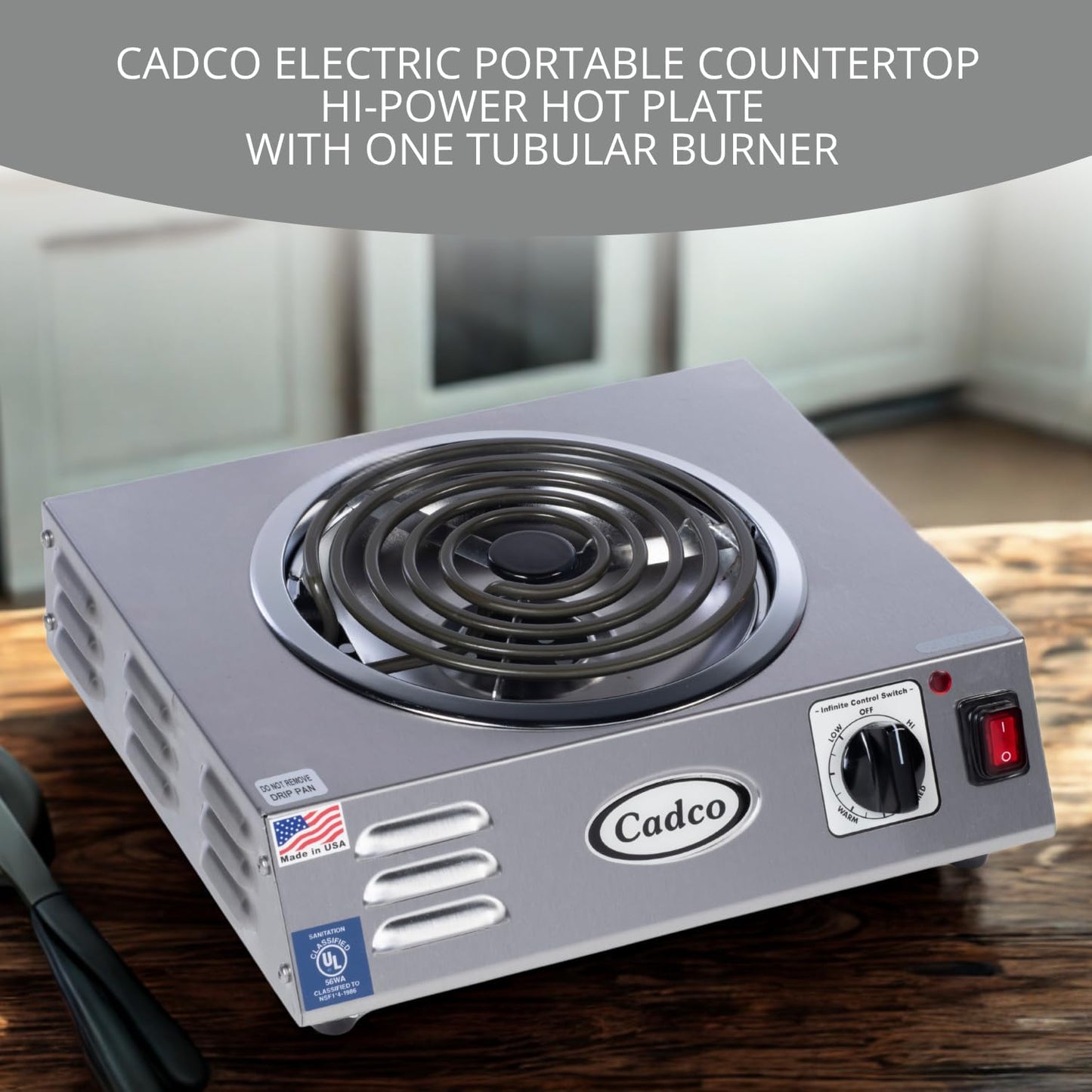 Cadco CSR-3T 14" Electric Portable Countertop Hi-Power Hot Plate w/One Tubular Burner for Restaurant Hotel Food Truck Concession Kiosk, Stainless Steel, 120v