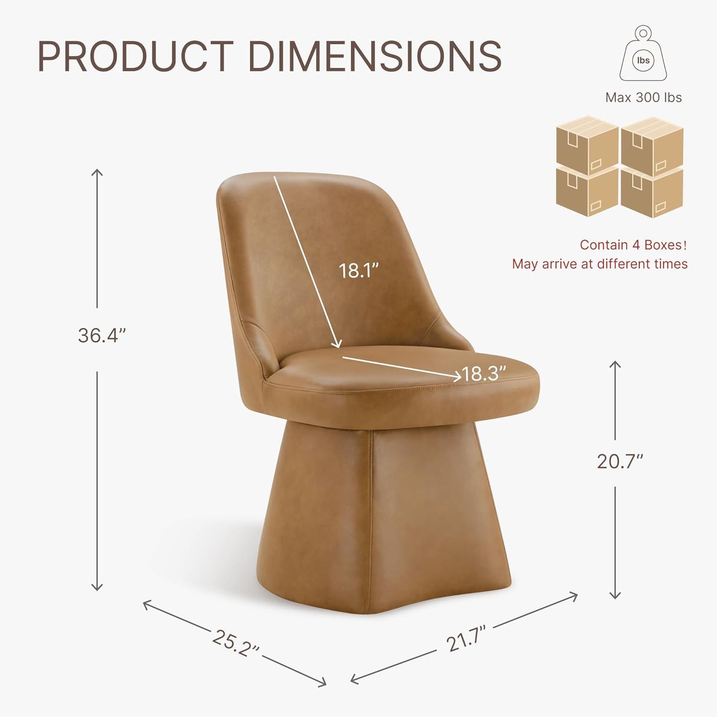 KISLOT Swivel Dining Chairs Set of 4, Upholstered Mid Century Modern Deskchair with High Back, Faux Leather Kitchen Chairs for Dining Room, Bedroom, Dressing Room, Brown