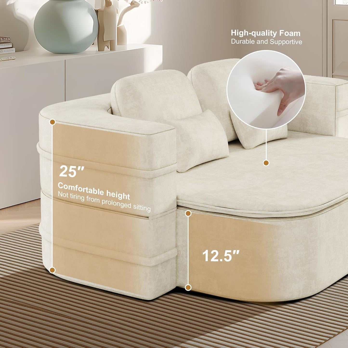 75'' Folding Sleeper Sofa Bed, Convertible Memory Foam Boneless Couch, Foldable Full Size Guest Bed, Modern 2-in-1 Futon Floor Sleeper Sofa with 4 Pillows and Blanket (Chenille, Beige1)