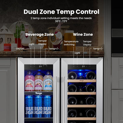 Yeego 24 Inch Wine and Beverage Cooler - 36-72°F, Holds 60 Cans & 20 Bottles Adjustable Shelves Beverage Fridge, Stainless Steel with glass Door for Built-in for Kitchen/Bar
