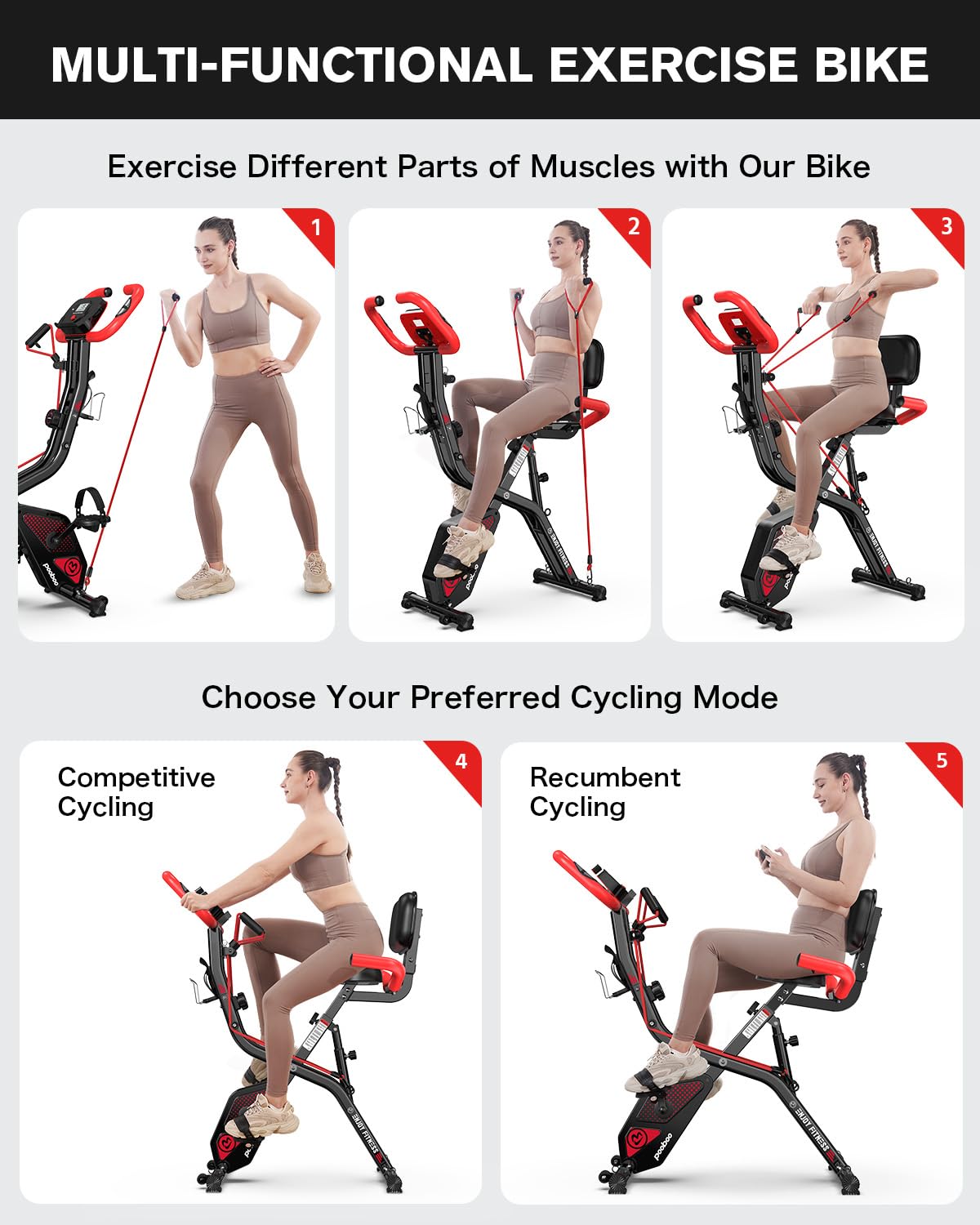 POOBOO Folding Exercise Bike - 8-Level Resistance, 300LB Capacity