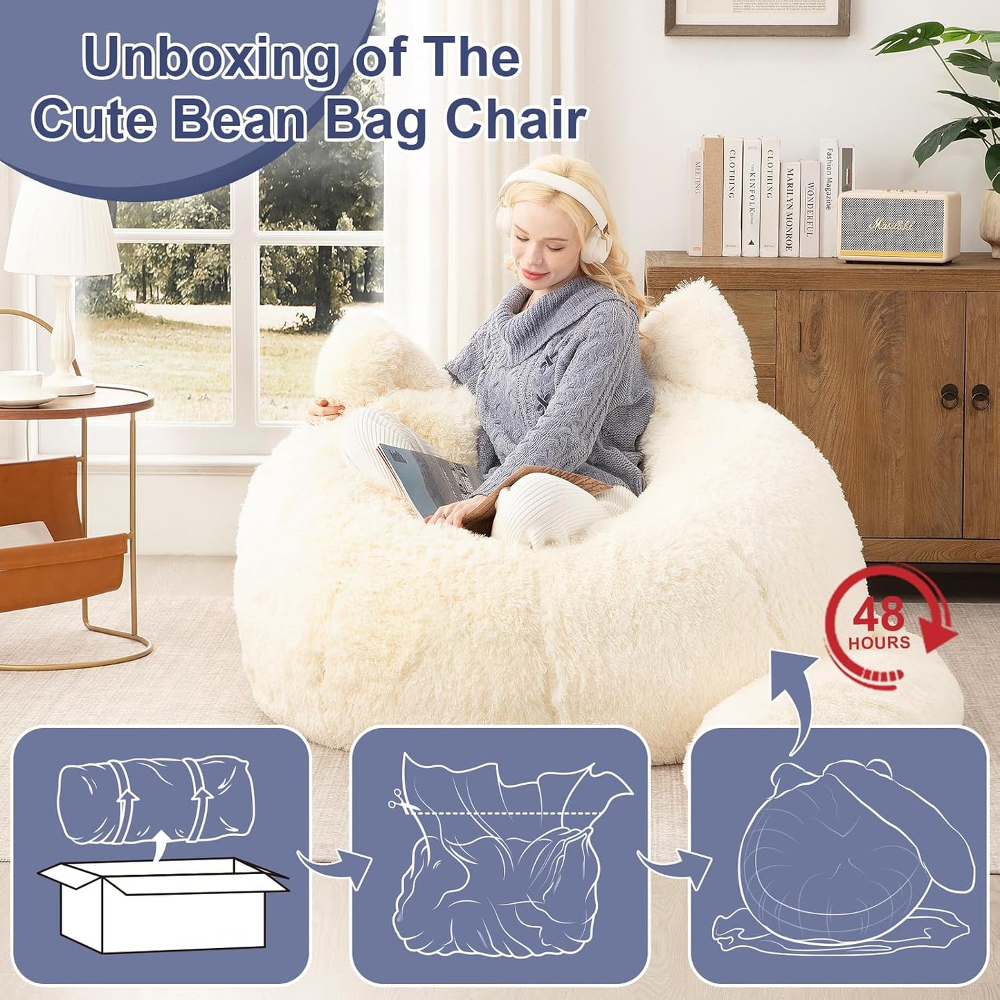 Achicsofar Bean Bag Chair for Adults Teens Giant Faux Fur Bean Bag Chairs with Filler Fluffy Plush Cat Shaped Beanbag Couch Comfy Accent Floor Sofa for Gaming, Reading in Living Room, Bedroom, Dorm