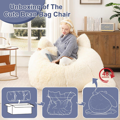 Achicsofar Bean Bag Chair for Adults Teens Giant Faux Fur Bean Bag Chairs with Filler Fluffy Plush Cat Shaped Beanbag Couch Comfy Accent Floor Sofa for Gaming, Reading in Living Room, Bedroom, Dorm