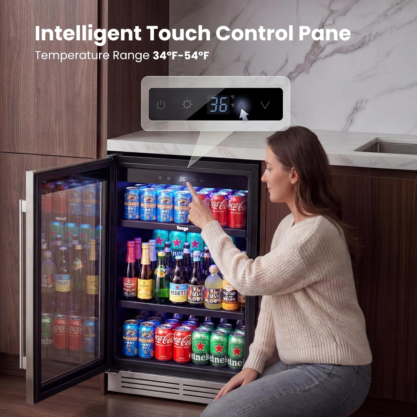 Yeego Beverage Refrigerator & Drink Fridge - 24 inch 180 Cans Beer Cooler Glass Door, 34-54℉ Under Counter Refrigerator Built-in for Drink Soda Wine for Bar Office Bedroom