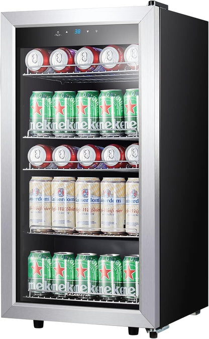 Kalamera Mini Beverage Fridge Refrigerator- 120 Cans Freestanding Drink Cooler - for Soda, Water, Beer or Wine with White LED Light