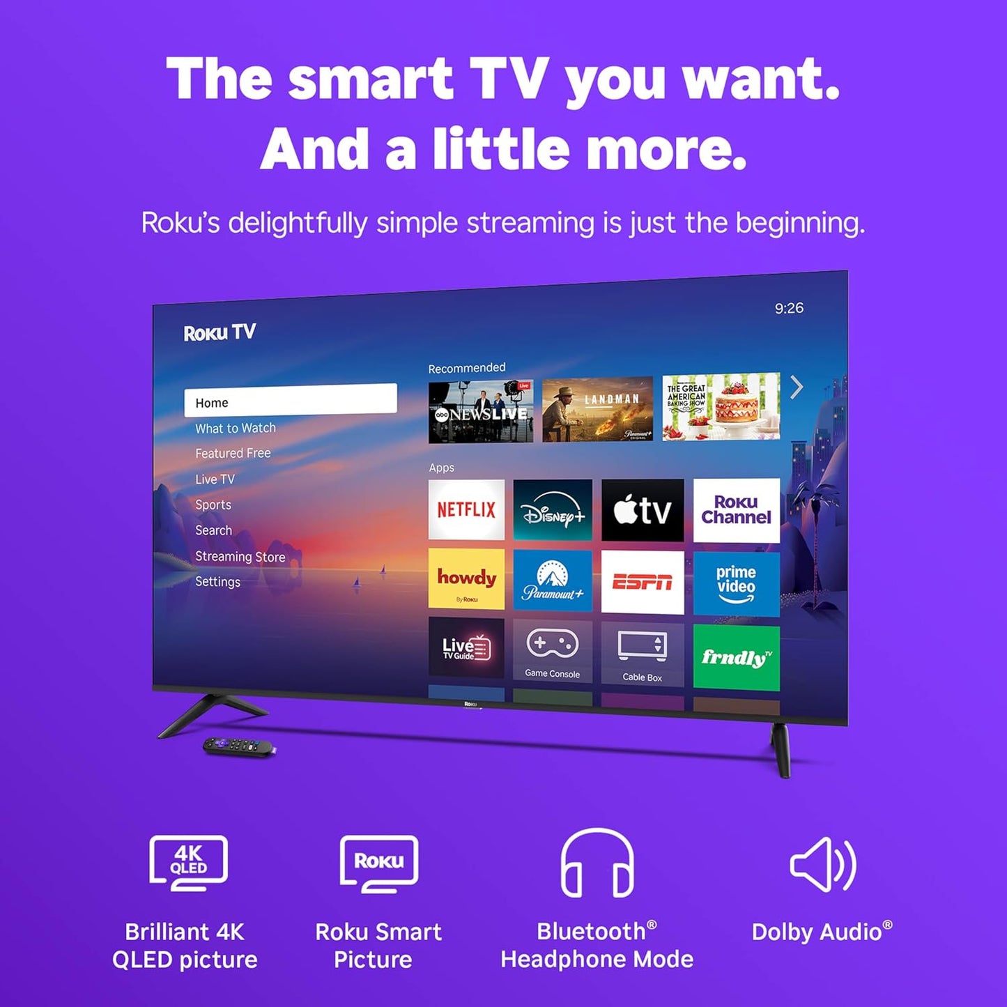 Roku Smart TV 2026 – 65-Inch Select Series, 4K QLED TV – Roku TV with Voice Remote – Flat Screen QLED Television with Wi-Fi for Streaming Live Local News, Sports, & Movies – Bluetooth Headphone Mode