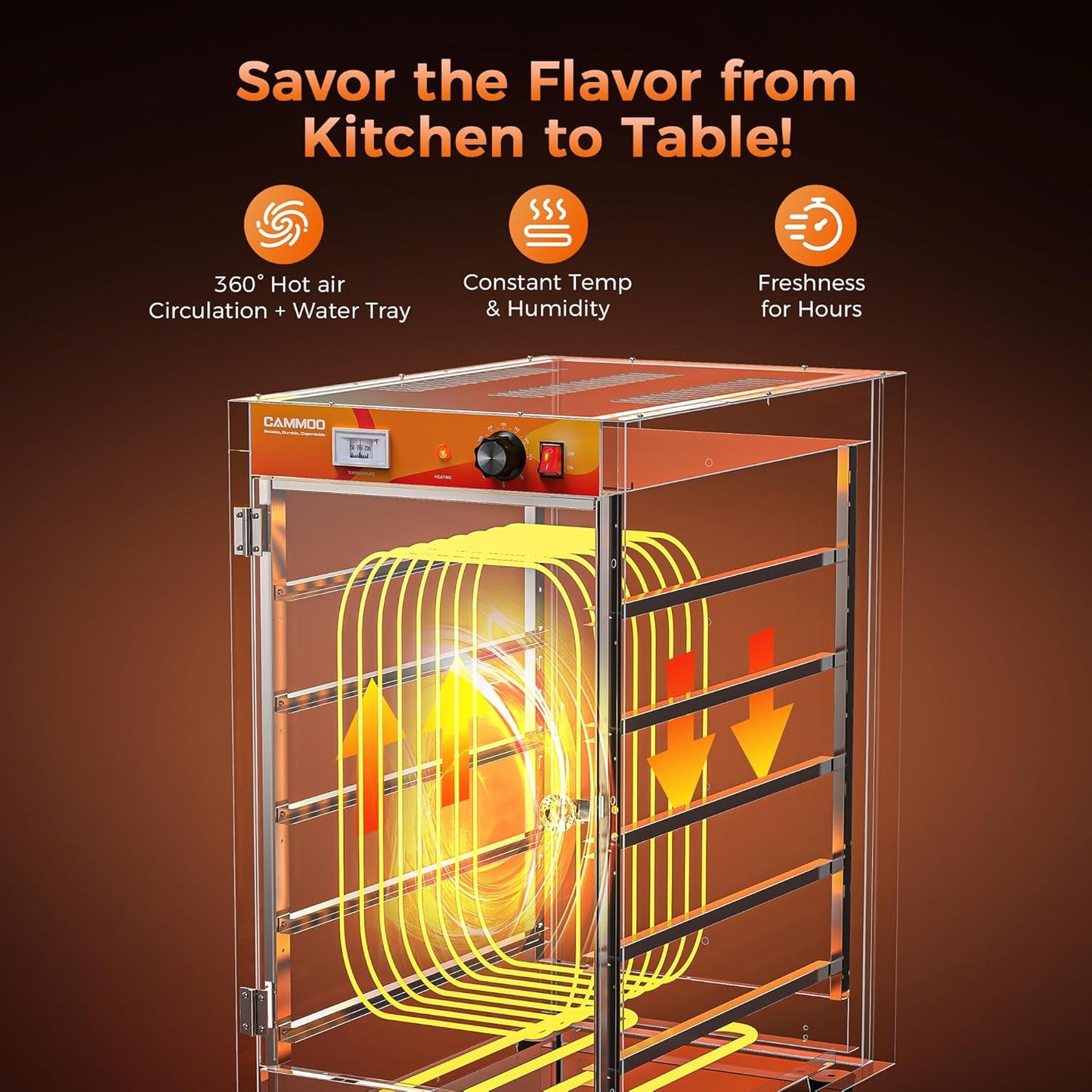 CAMMOO 133Qt 5-Tier 900W Commercial Food Warmer w/ 304 Blued Stainless Steel Heating Element, Single-Tempered Glass Door, Adjustable Shelf, Electric Catering Hot Box Countertop Heated Holding Cabinet