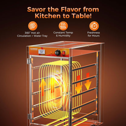 CAMMOO 133Qt 5-Tier 900W Commercial Food Warmer w/ 304 Blued Stainless Steel Heating Element, Single-Tempered Glass Door, Adjustable Shelf, Electric Catering Hot Box Countertop Heated Holding Cabinet