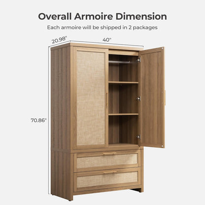 SICOTAS Larger Armoire Wardrobe Closet, 71" Tall Rattan Freestanding Wardrobe Closet Cabinet with Storage and 2 Drawers, Boho Armoire Clothes Organizer with Hanging Rod for Bedroom, Oak (2 Pieces)