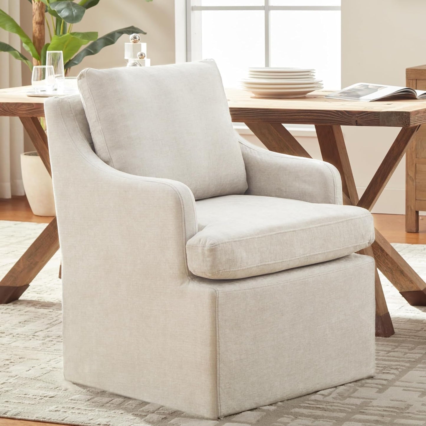 VKNOW Upholstered Dining Chairs Set of 4, Modern Kitchen Chairs Dinner Chairs with 4 Casters, Chenille Armchair for Bedroom Reading Room Living Room, Beige
