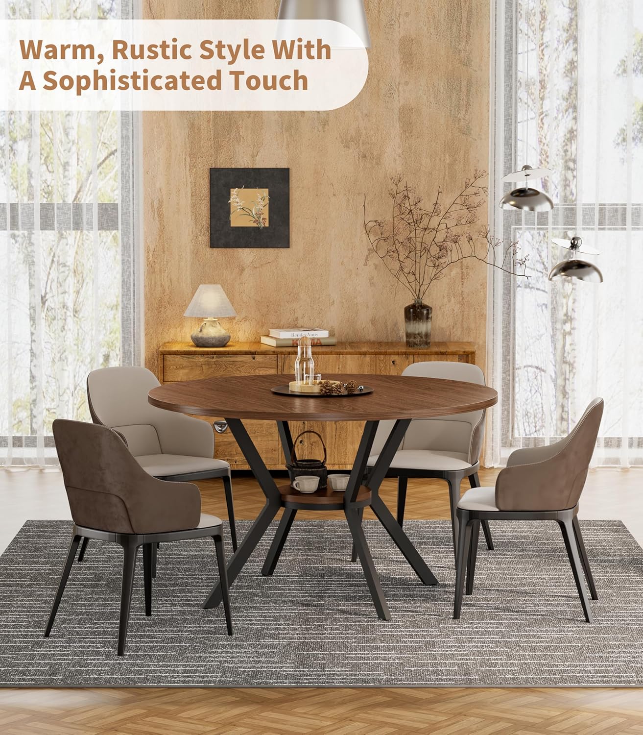 42" Round Dining Table for 4, Farmhouse Kitchen Table with Storage, Space Saving Circle Dinner Table, Rustic Wood Kitchen & Dining Room Tables with Metal Legs for Kitchen, Living Room, Dining Room