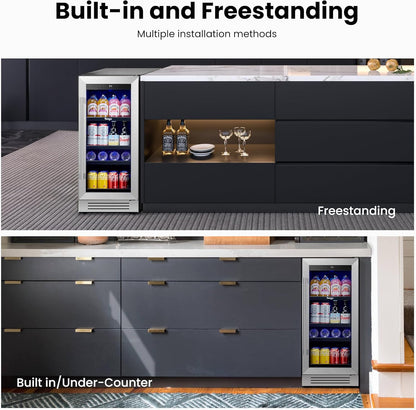 Yeego 15 inch Built-In Beverage Refrigerator (2 Pack) – Compact Drink Cooler with Glass Door, Auto Defrost Mini Wine & Beer Fridge for Cans and Bottles, Under Counter & Freestanding